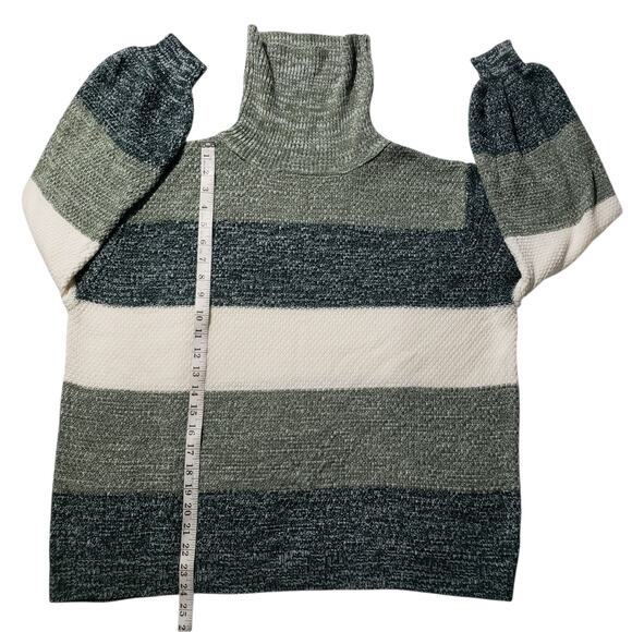 Zenana Knit Turtleneck Sweater Women's XL Green Cream Striped Balloon Sleeve - Picture 10 of 10